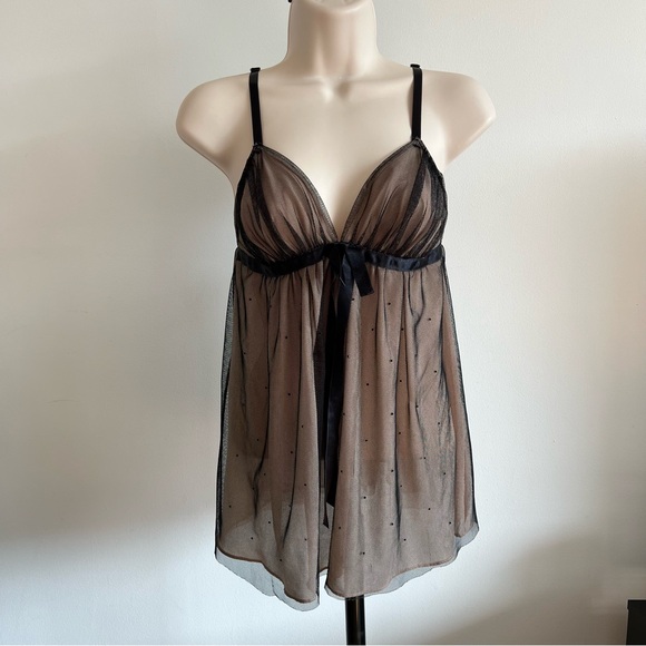 Victoria’s Secret Very Sexy Babydoll Top Size M Mesh Tan Black Rhinestone - Picture 10 of 10